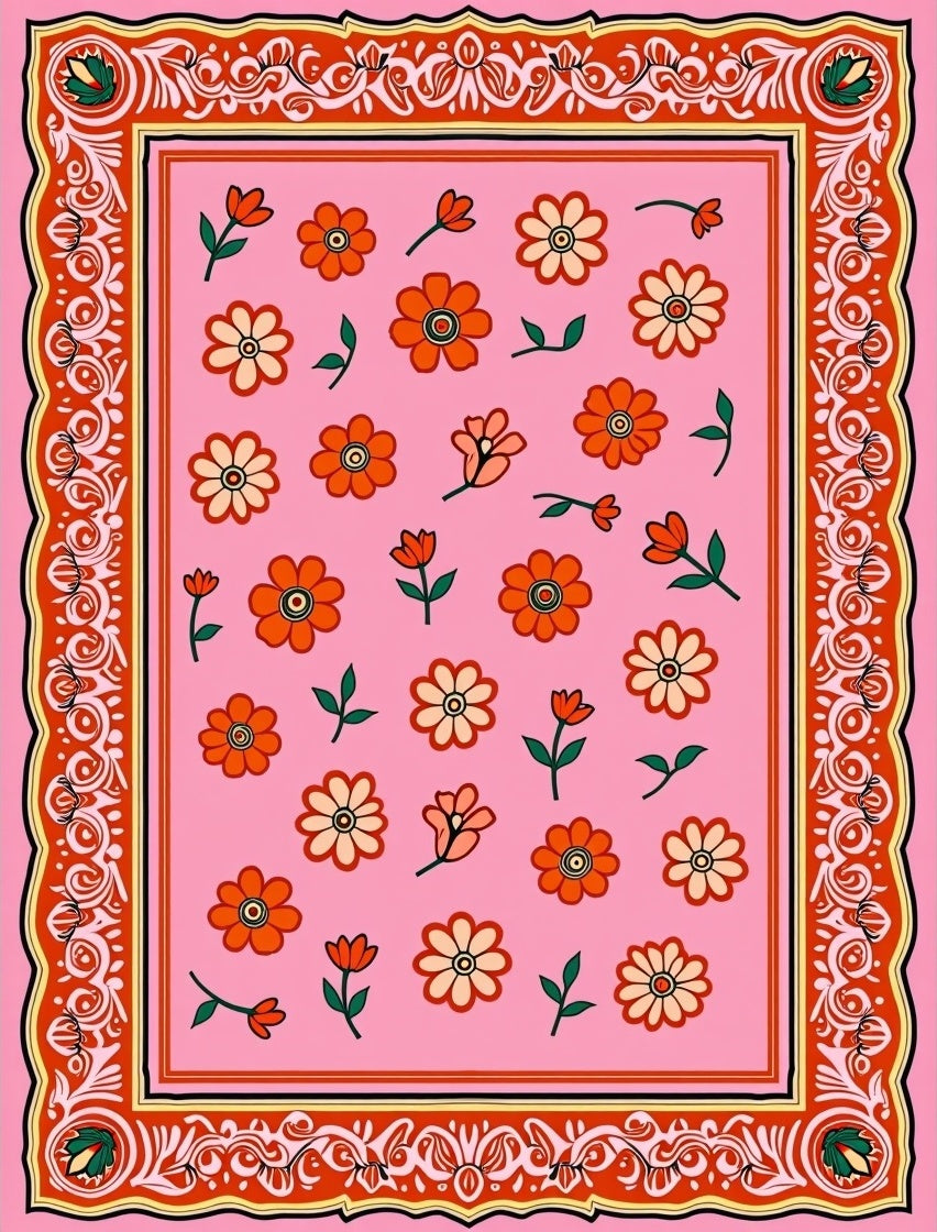 Retro Pink Floral Pattern Rug