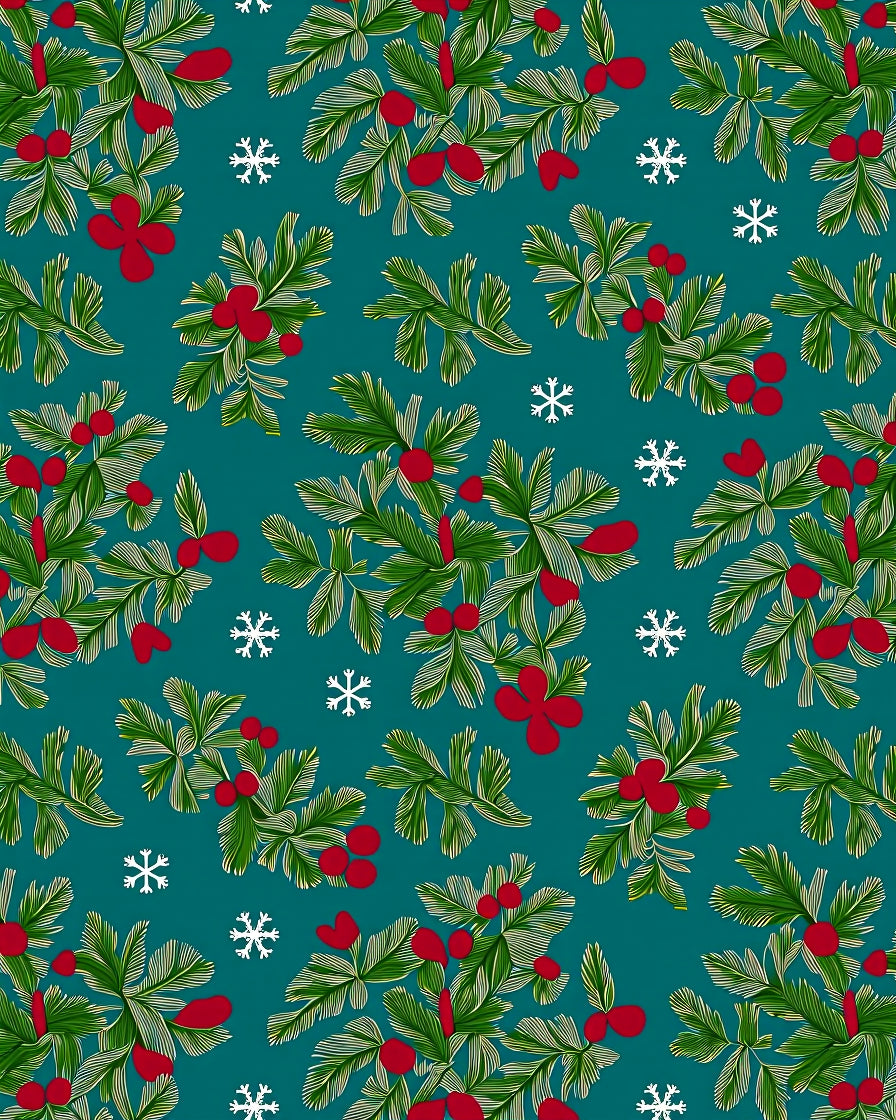Festive Green Pine Branch Red Berry Pattern Rug