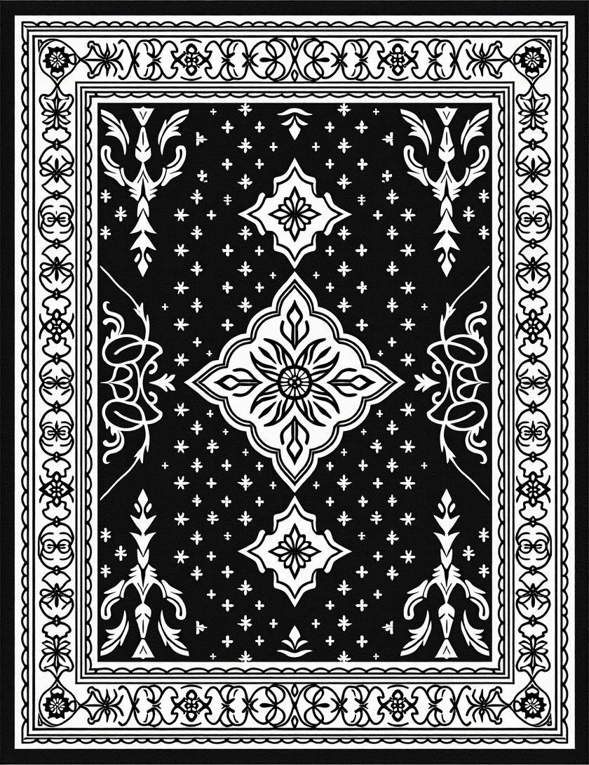 Black White Floral Medallion Rug