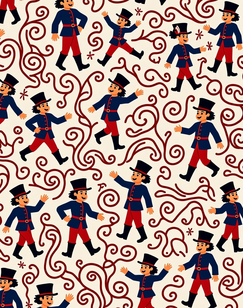 Whimsical figures and scrollwork pattern Rug
