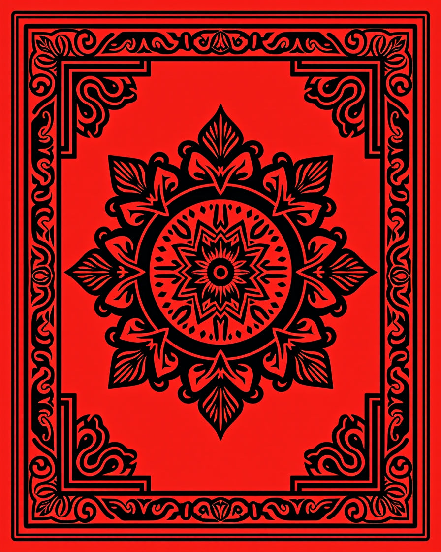 Abstract Red Black Mandala Pattern Rug