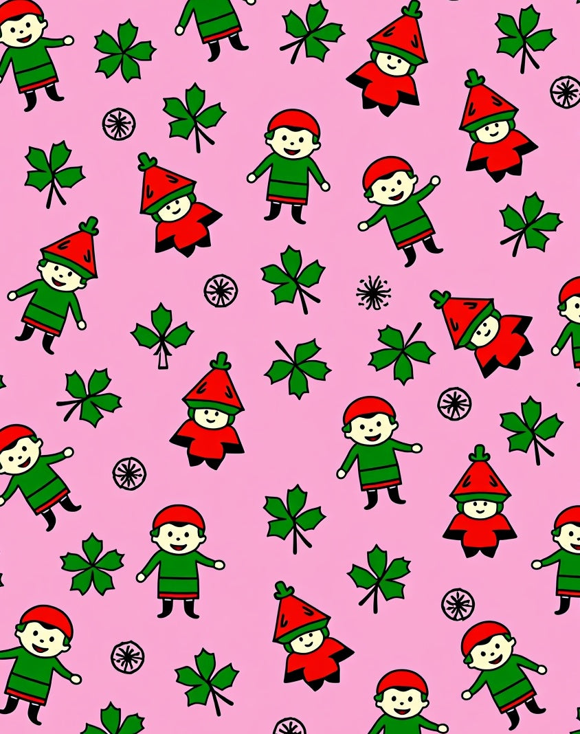 Pink Ground Playful Gnomes Leaf Scatter Rug