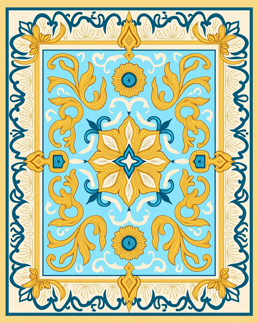 Blue Yellow Floral Medallion Pattern Rug
