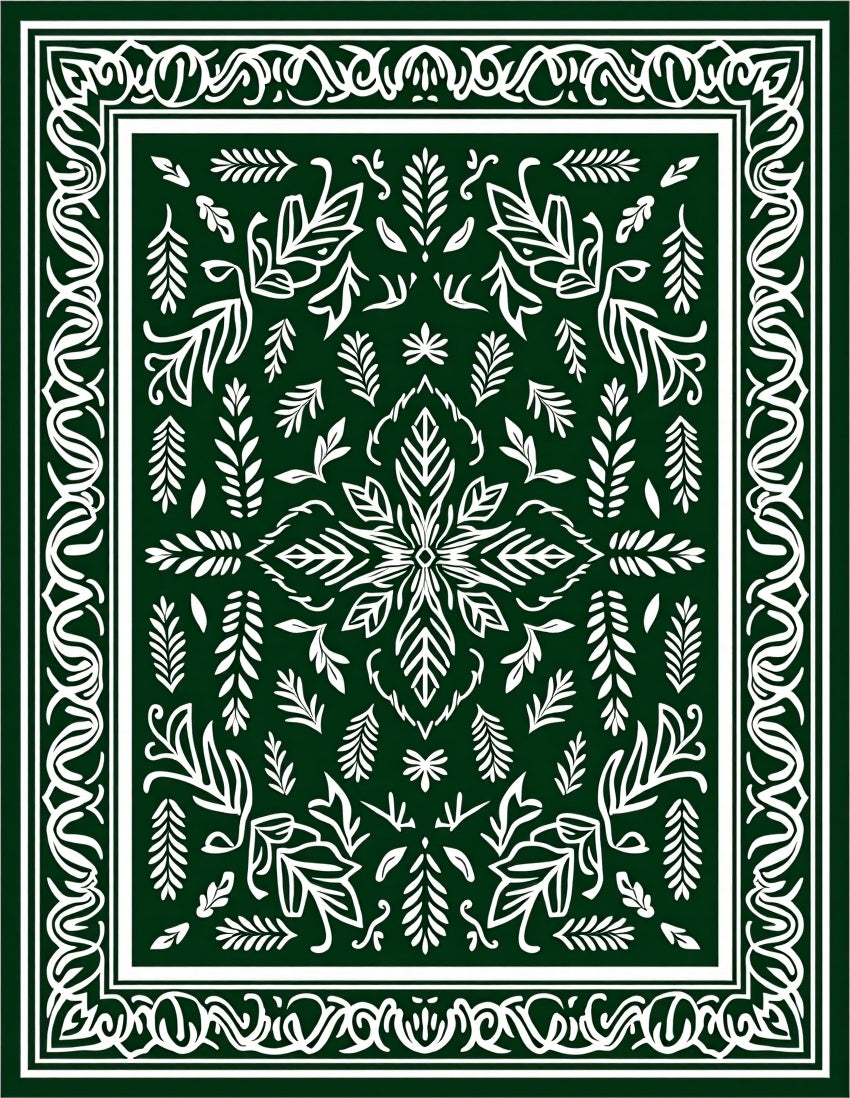Dark Green White Botanical Floral Pattern Rug