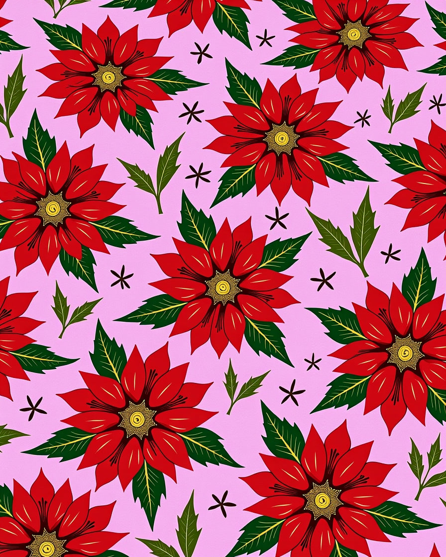 Red Bloom Pattern With Green Leaves Rug