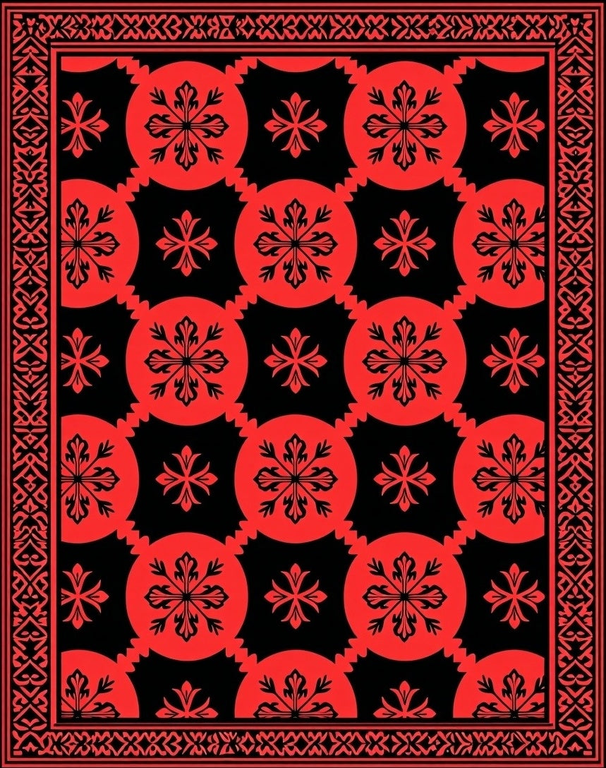 Bold Red Circular Floral Pattern Rug