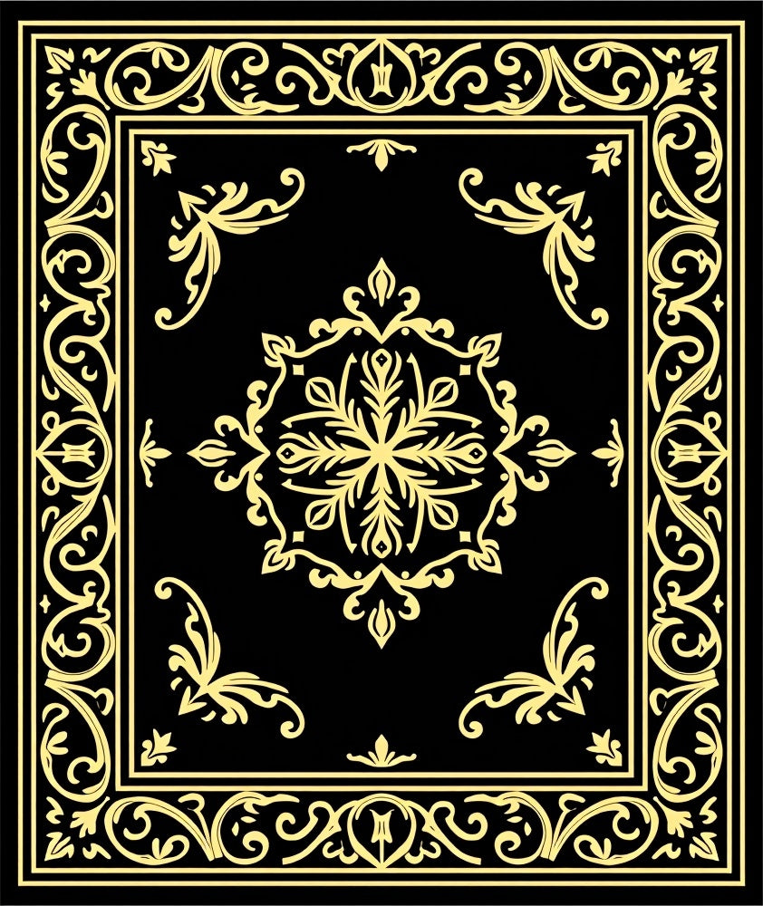 Golden Floral Medallion Black Decorative Rug