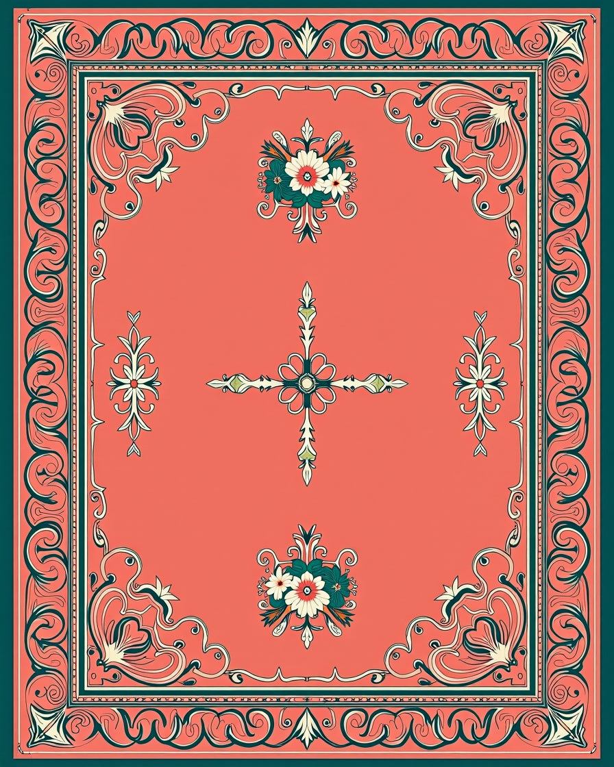 Ornate Coral Floral Scroll Framed Rug