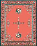 Ornate Coral Floral Scroll Framed Rug