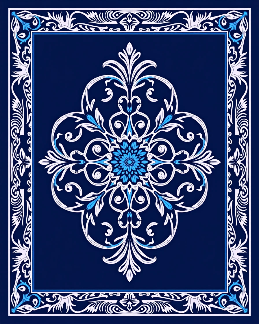 Elegant Blue White Floral Damask Pattern Rug