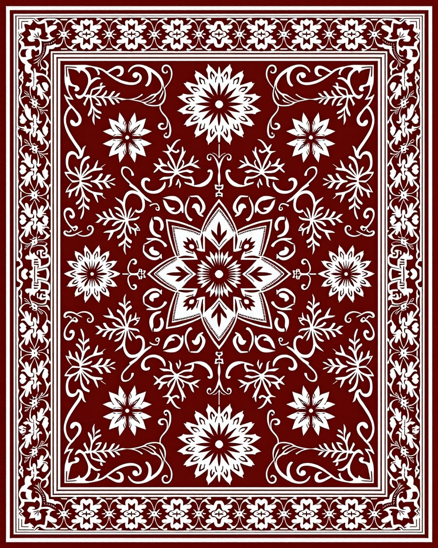 Rich Red White Floral Medallion Pattern Rug