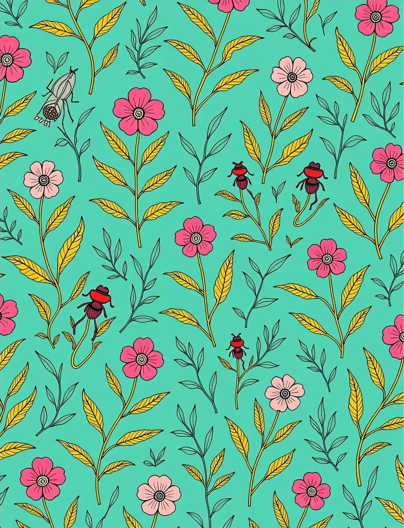 Whimsical Floral and Insect Illustration Rug