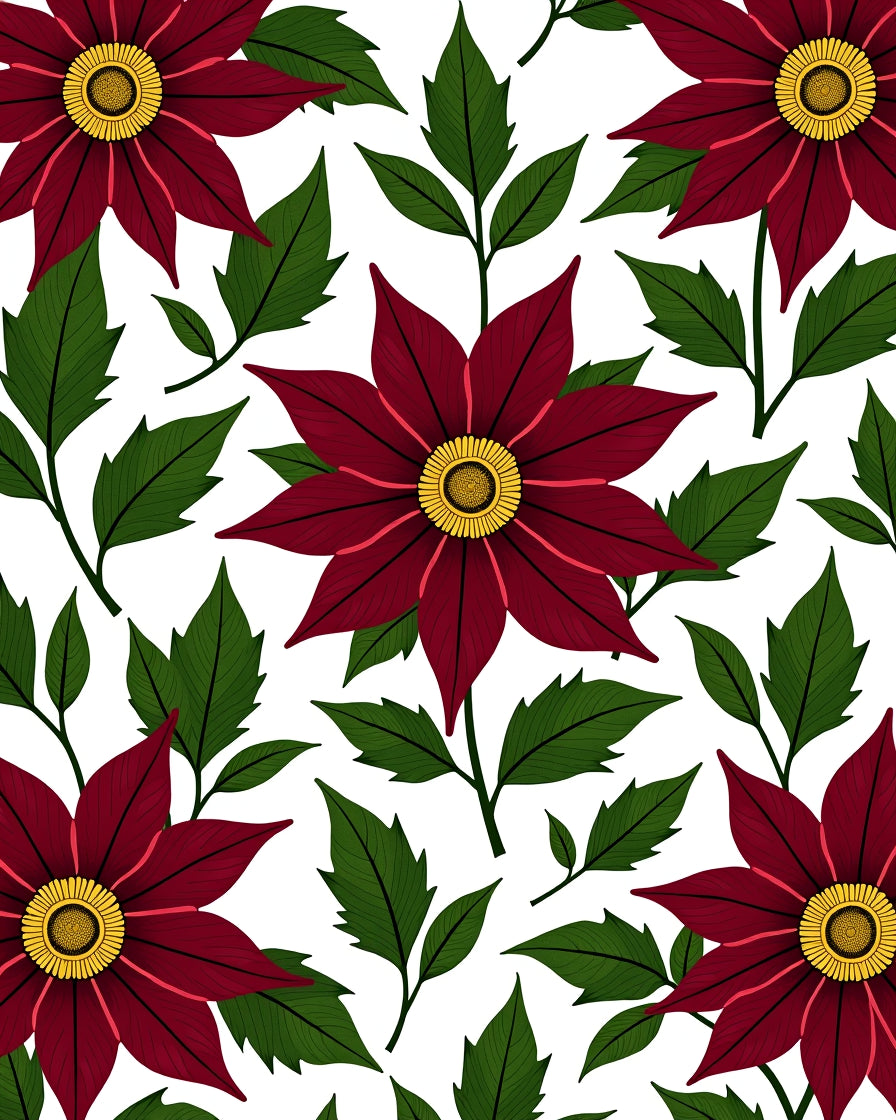 Deep Red Floral Botanical Pattern Rug