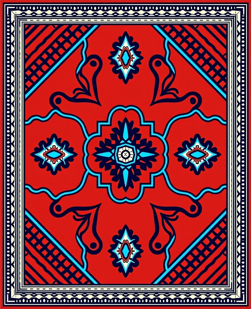 Vibrant Red Blue Geometric Floral Rug