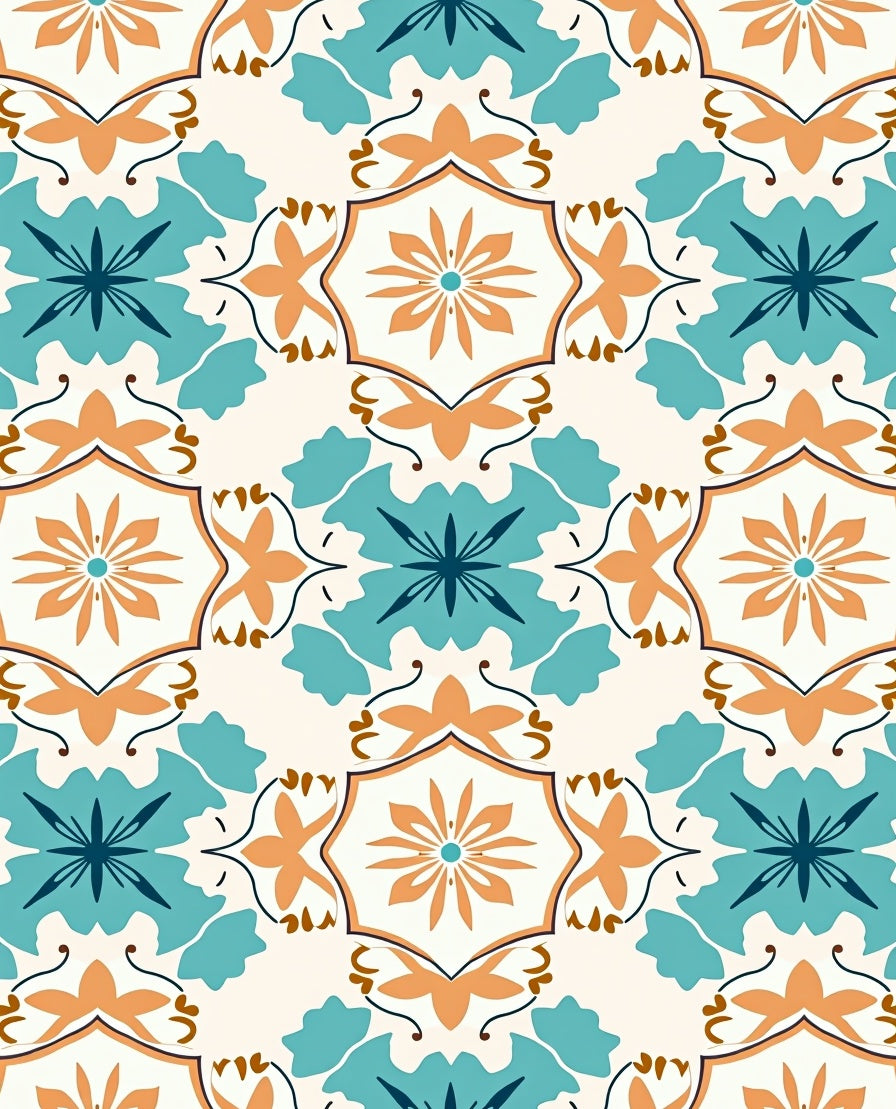 Intricate Teal Orange Tile Inspired Pattern Rug