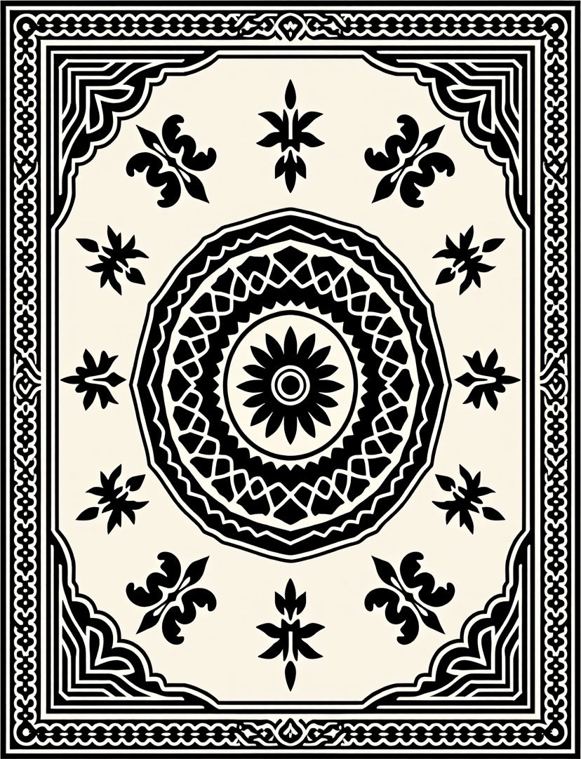 Black and Cream Ornamental Medallion Rug