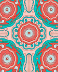 Coral Teal Abstract Sunburst Pattern Rug
