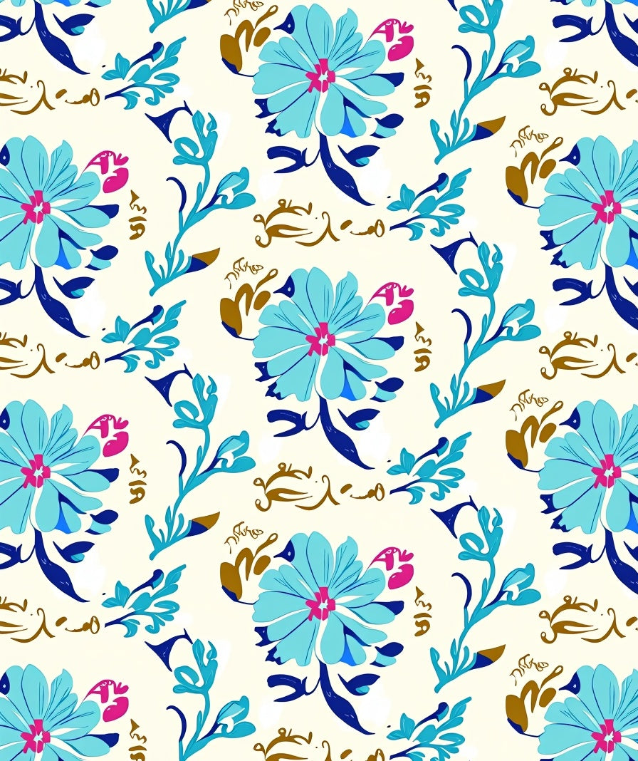 Floral Vining Patterned Blue Pink Rug