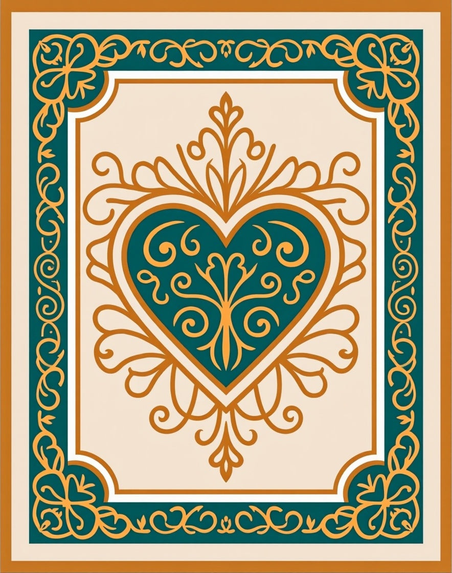 Teal Gold Heart Filigree Border Rug
