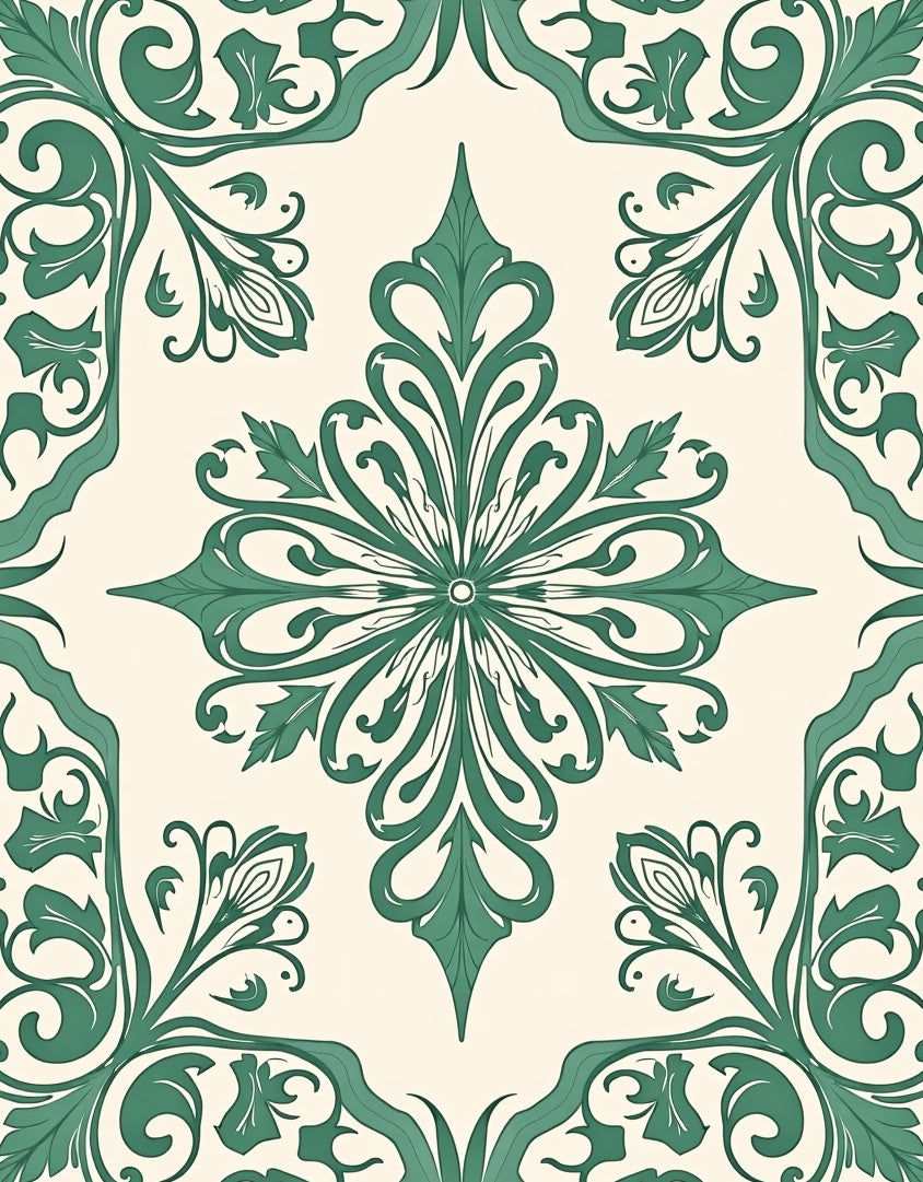 Ornate Green Floral Pattern Rug