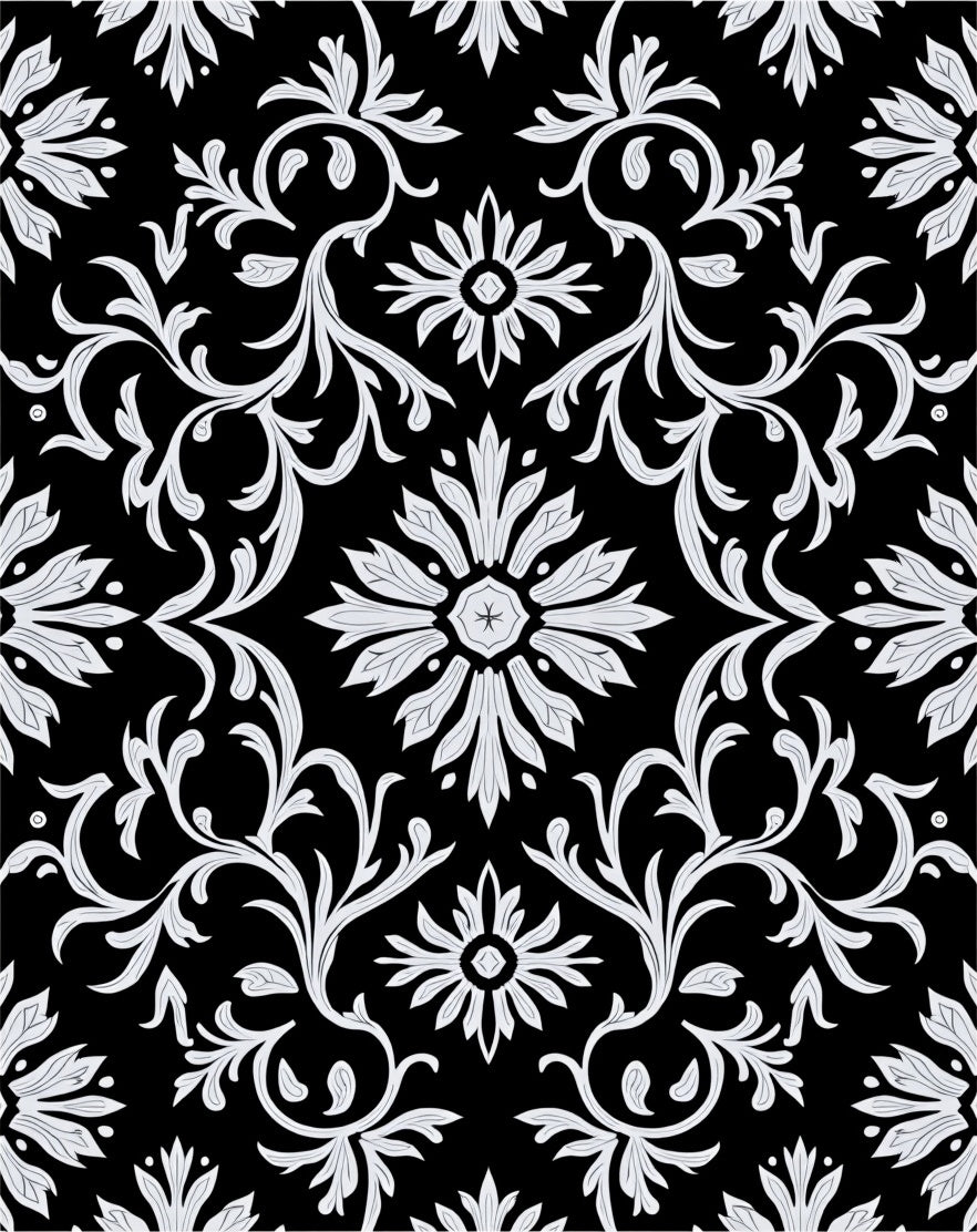 Black White Floral Scroll Pattern Rug