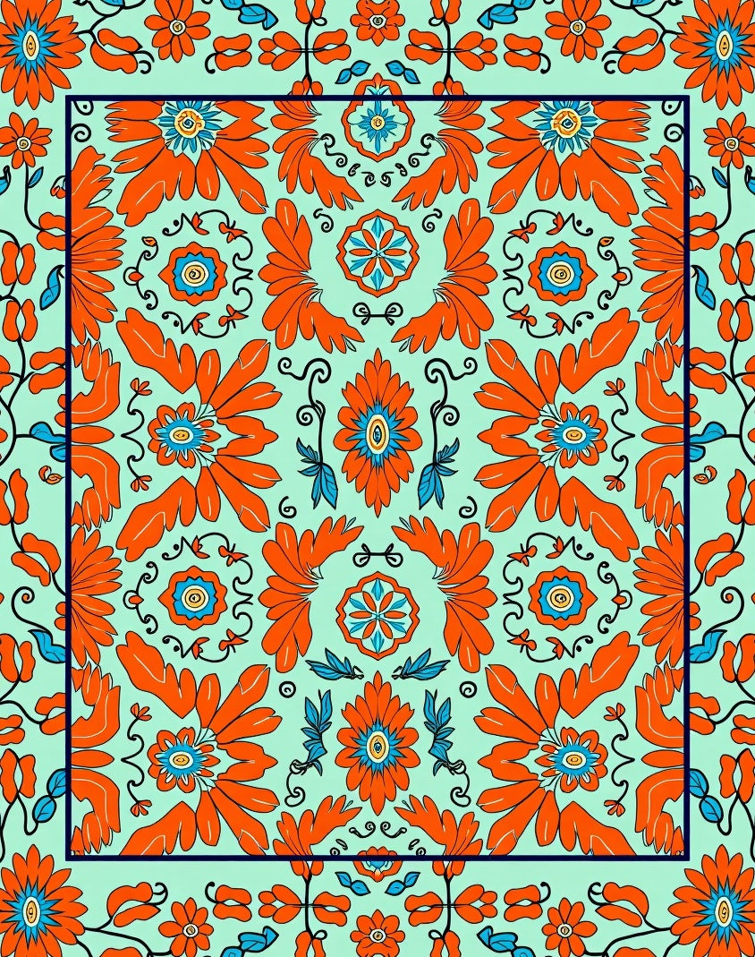 Vibrant Orange Blue Floral Medallion Rug
