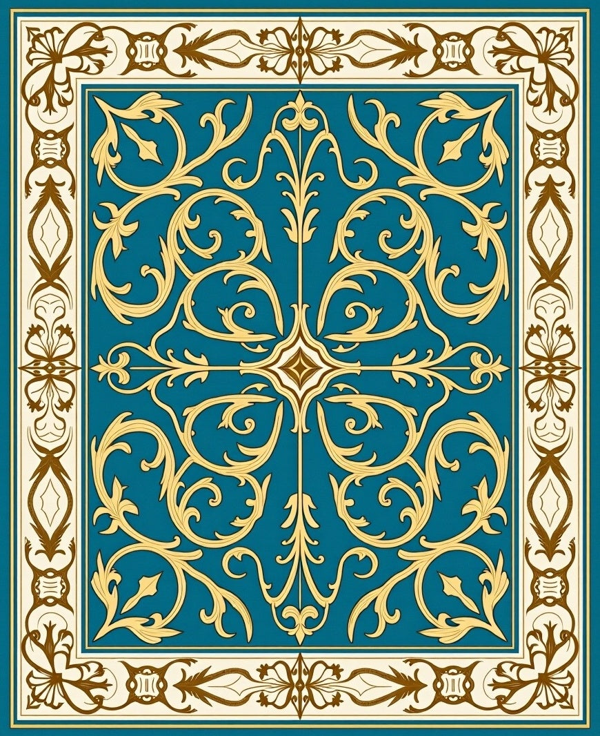 Ornate Teal Gold Floral Scroll Rug