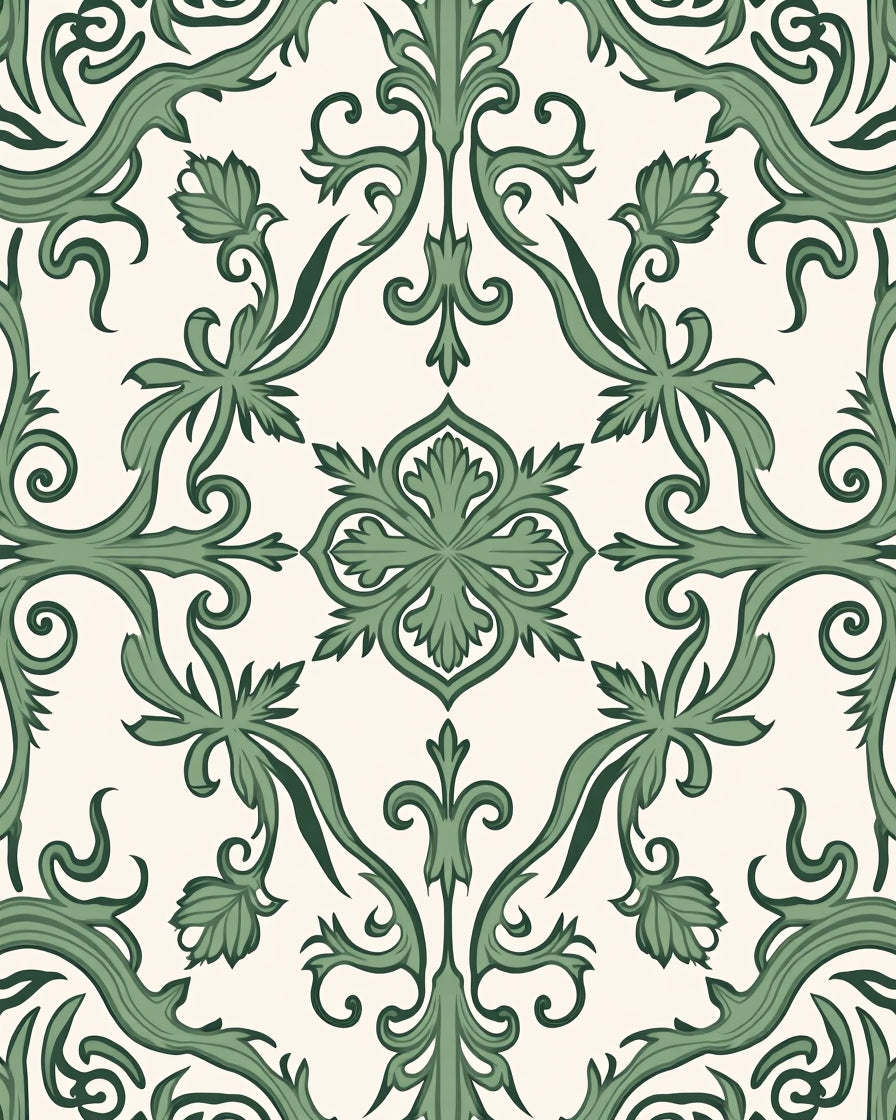 Green Traditional Floral Scroll Rug