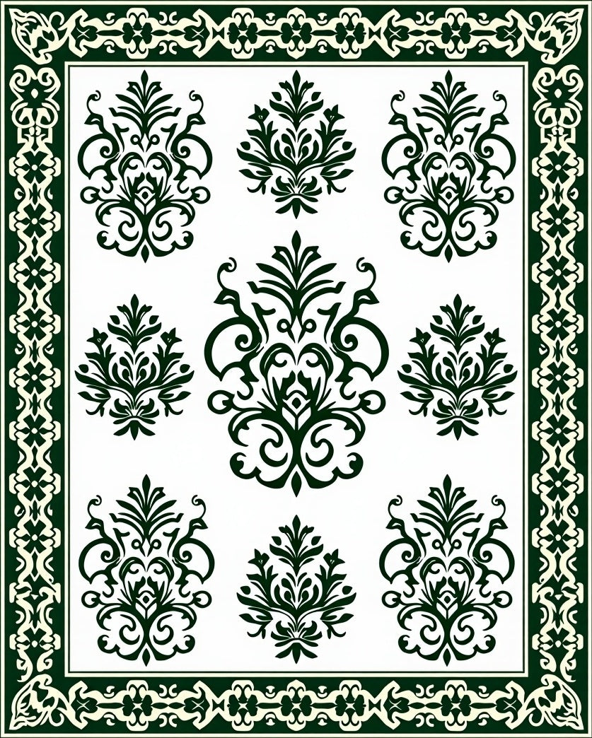 Traditional Damask Floral Scroll Pattern Rug