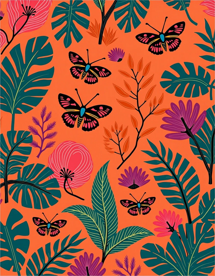 Tropical Butterflies and Leaves Pattern Rug