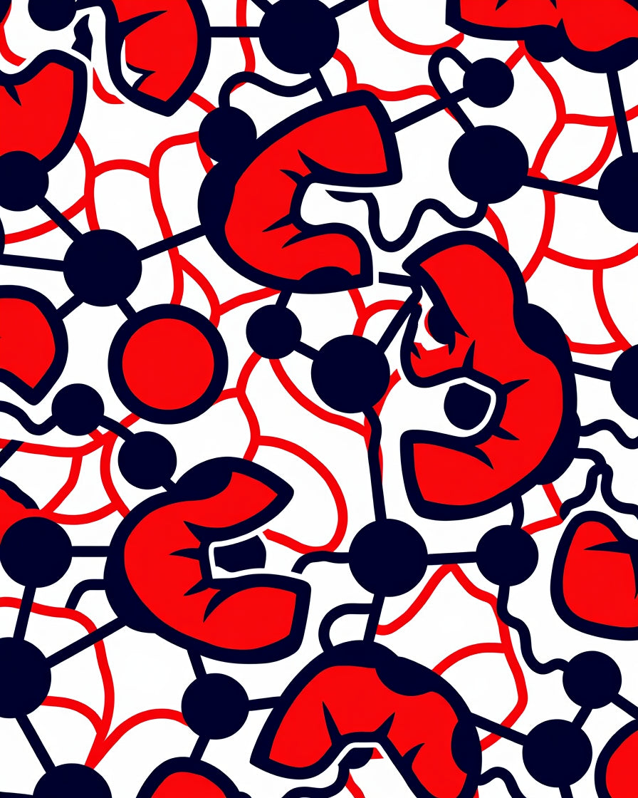 Bold Red Black Abstract Molecular Pattern Rug