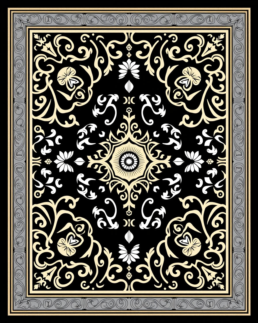 Intricate Black Cream Floral Medallion Rug