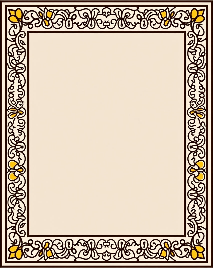 Ornate Yellow Floral Swirl Border Design Rug