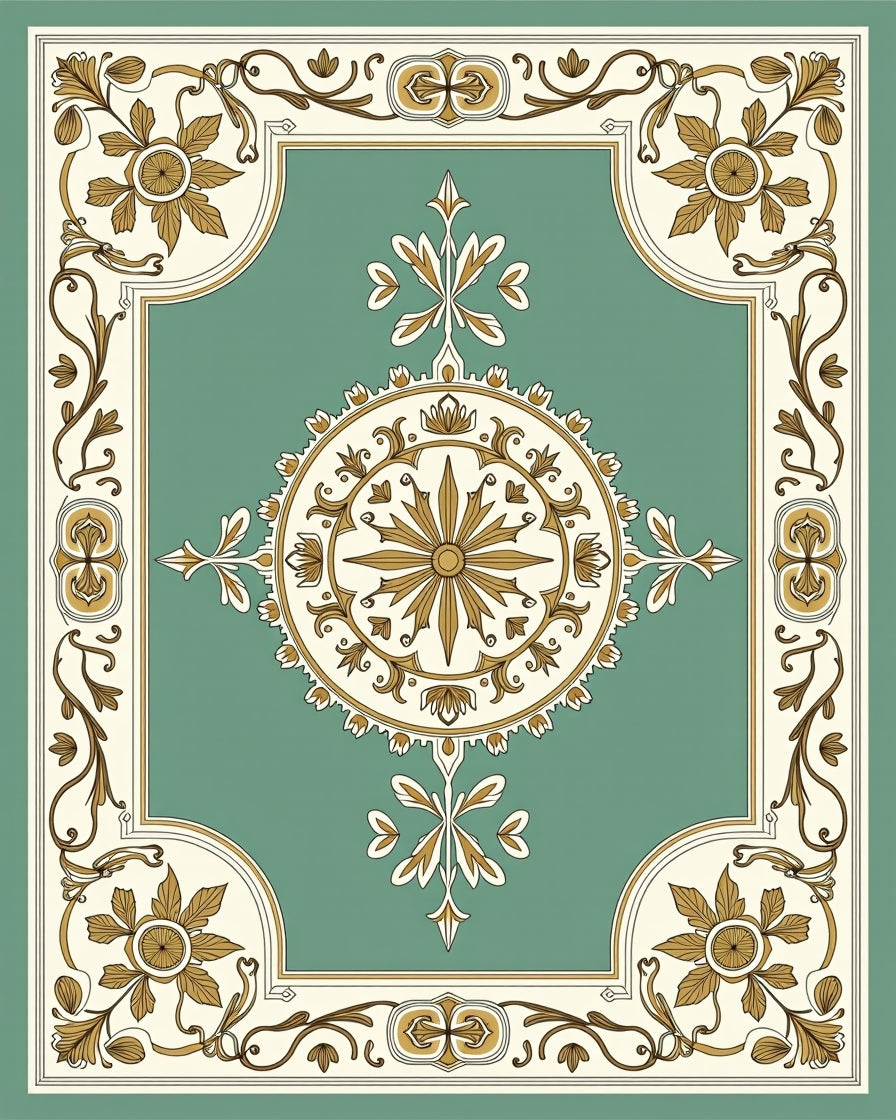 Gold Floral Medallion Green Heritage Rug