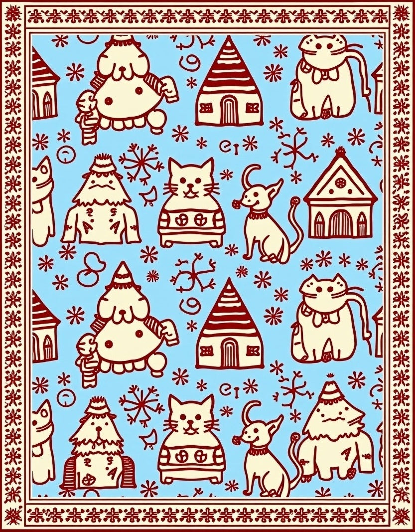 Whimsical Folk Pets and Houses Rug