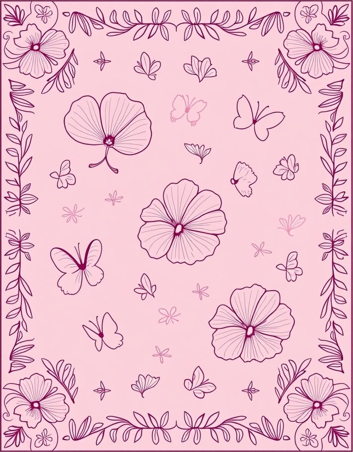 Floral Butterfly Patterned Pink Rug