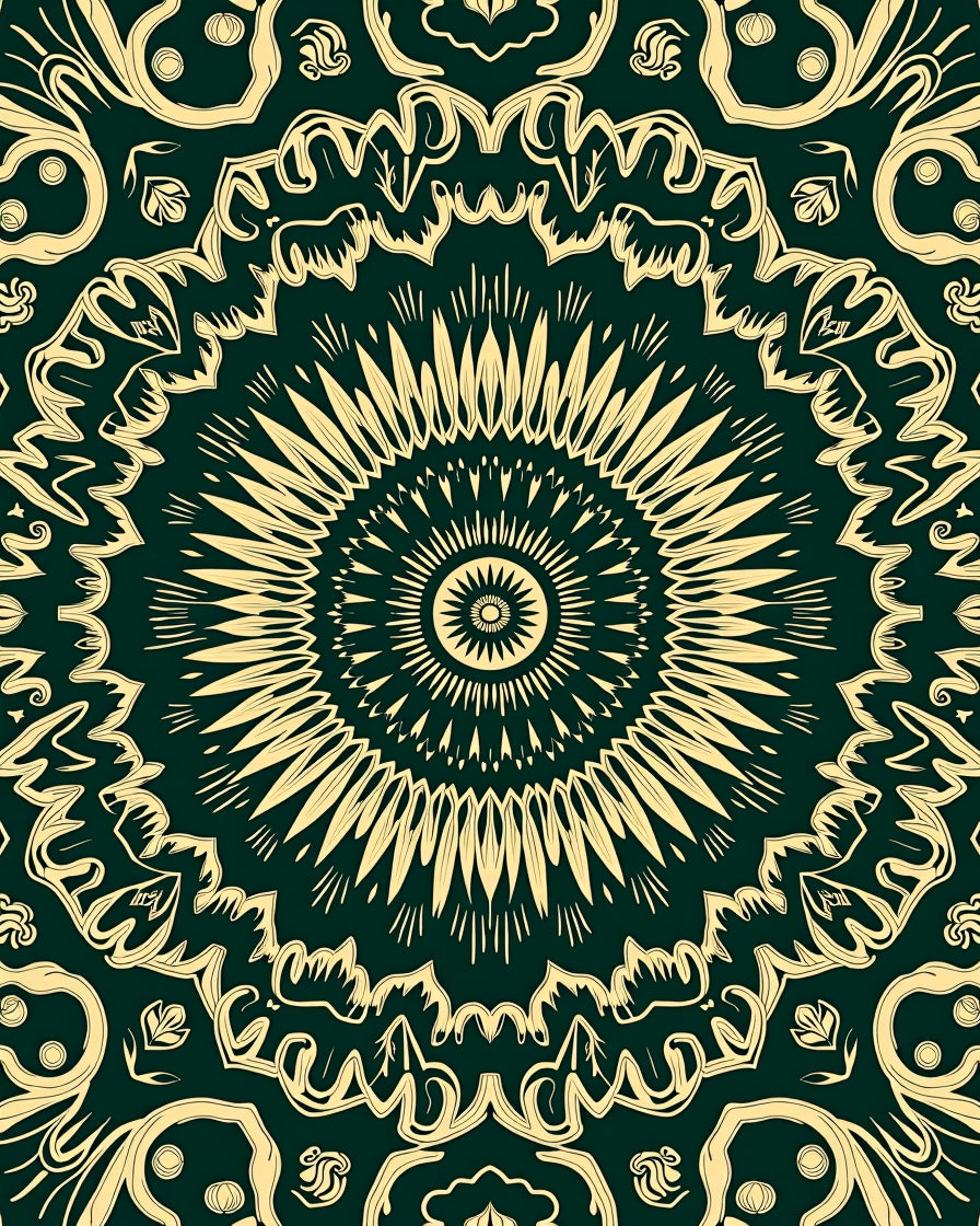 Intricate Golden Sunburst Mandala Design Rug