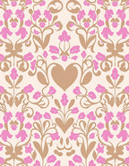 Pink Tan Floral Heart Damask Scroll Rug