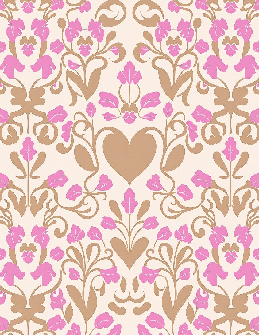 Pink Tan Floral Heart Damask Scroll Rug