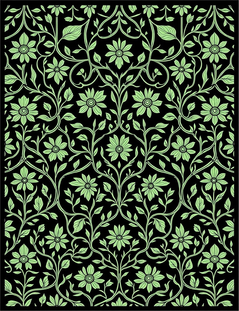 Green Floral Vine Patterned Design Rug