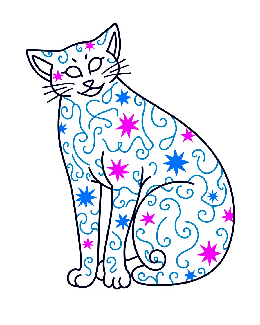 Whimsical Star Cat With Swirls Pattern Rug