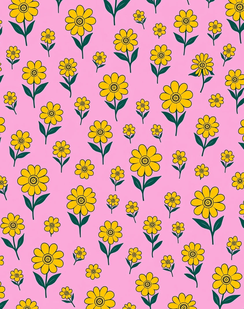Yellow Daisy Patterned Pink Background Rug