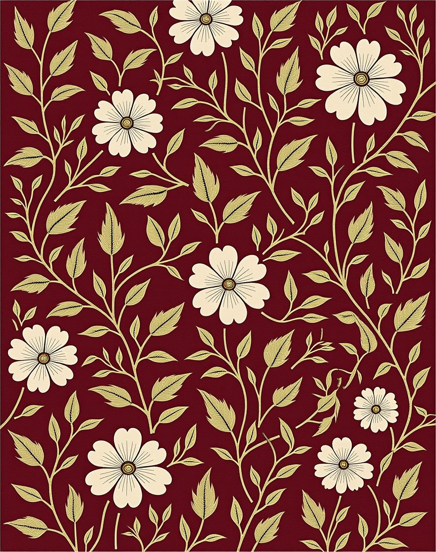 Crimson White Flower Vines Pattern Rug