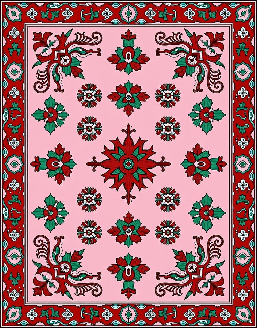 Ornate Red Green Floral Pattern Rug