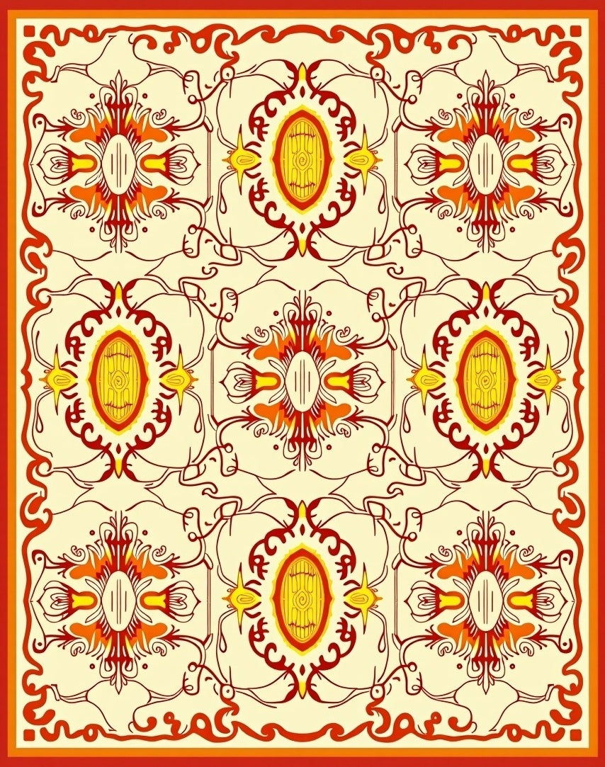 Ornate Red Yellow Floral Pattern Rug