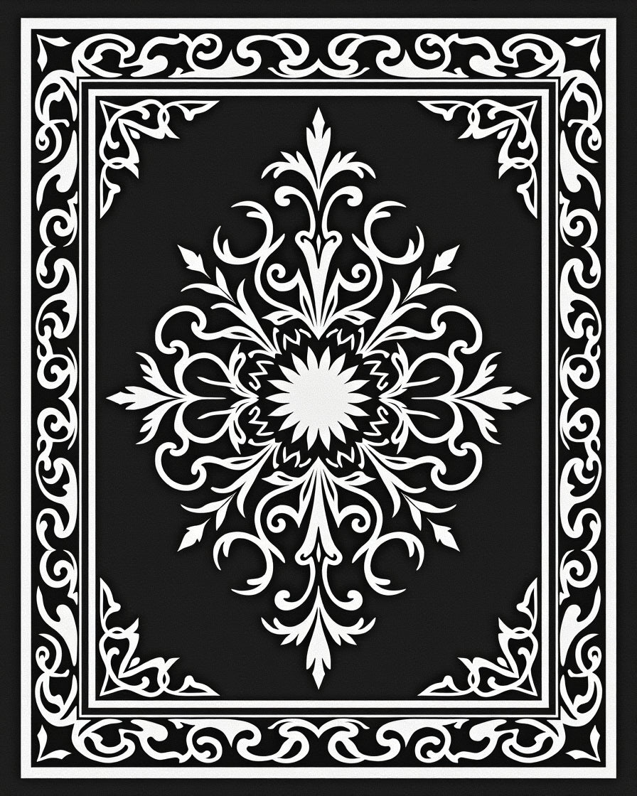 Black White Elaborate Floral Medallion Rug