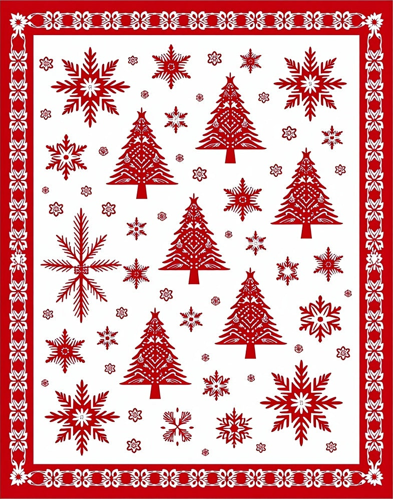Red Snowflake and 3 Trees Pattern Rug
