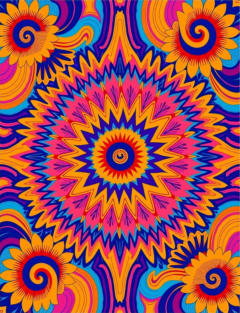 Vibrant Psychedelic Floral Sunburst Rug