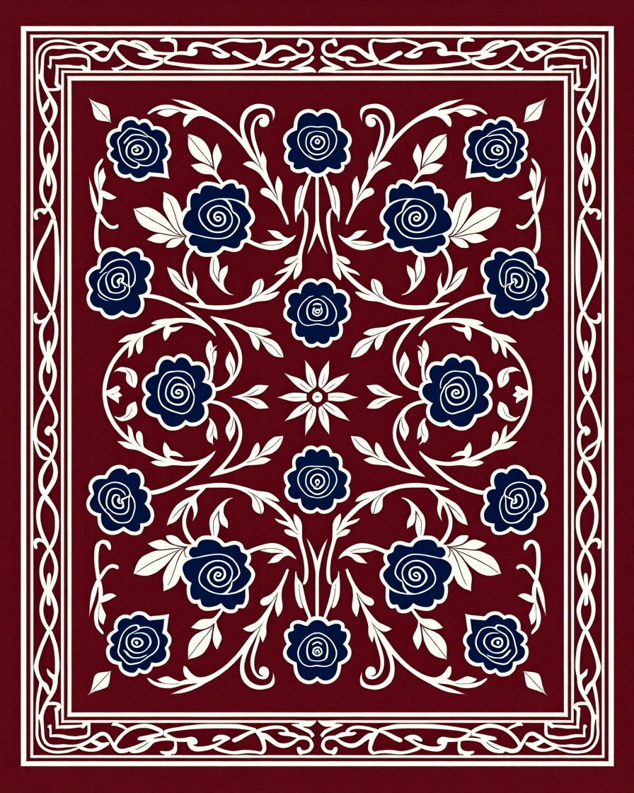 Deep Red Floral Vine Pattern Rug
