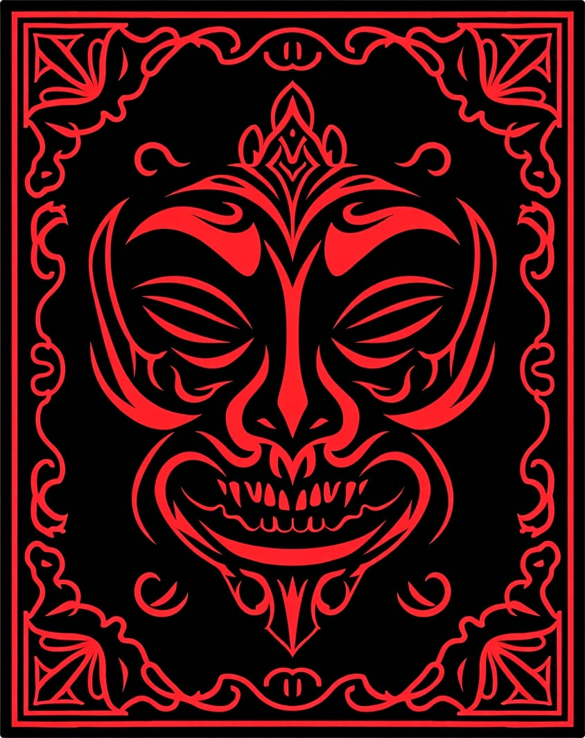 Bold Red Tribal Mask Design Rug